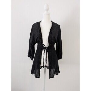 Elan Kimono Women L Black Tie Front Crochet Trim Open Front Swim Cover Up Boho